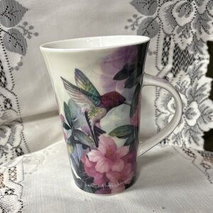 Burton & Burton pink and green floral hummingbird porcelain coffee mug